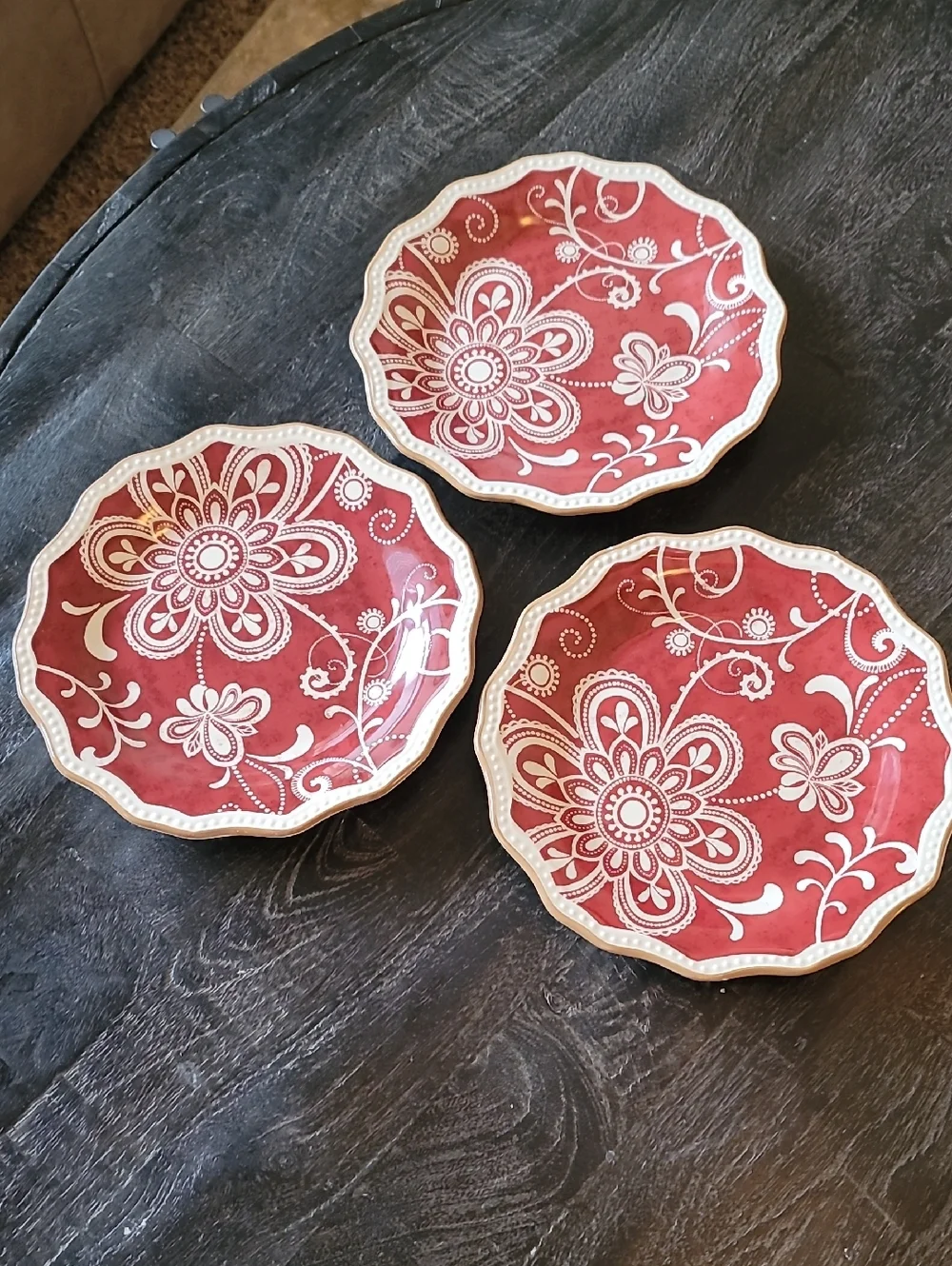 3 Pier 1 Import Maribeth Red / Cranberry and Cream Floral Ironstone Salad Plates
